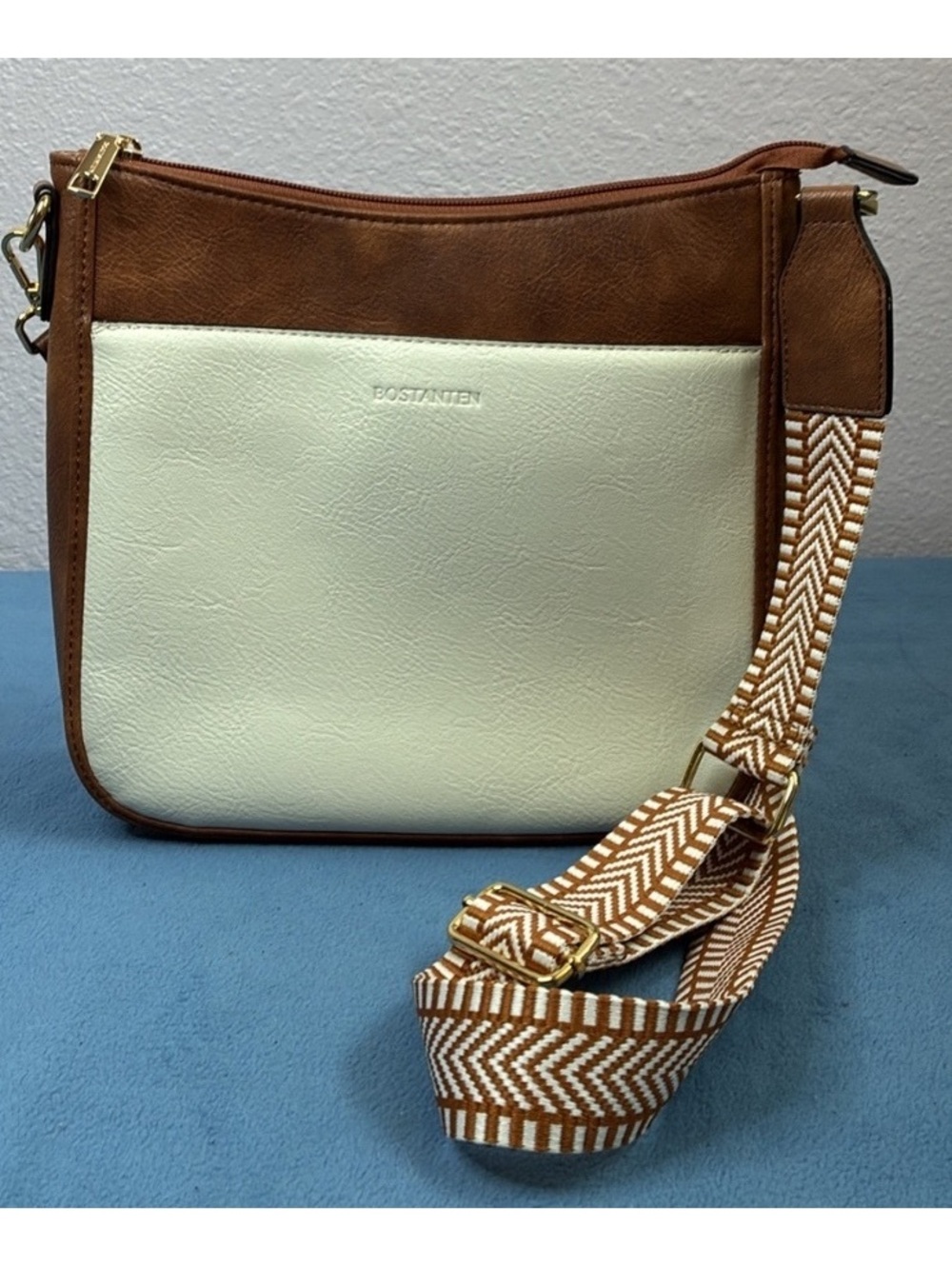 Bostanten Ivory & Brown Crossbody Purse With Adjustable Strap 10” X 10” - Picture 1 of 3
